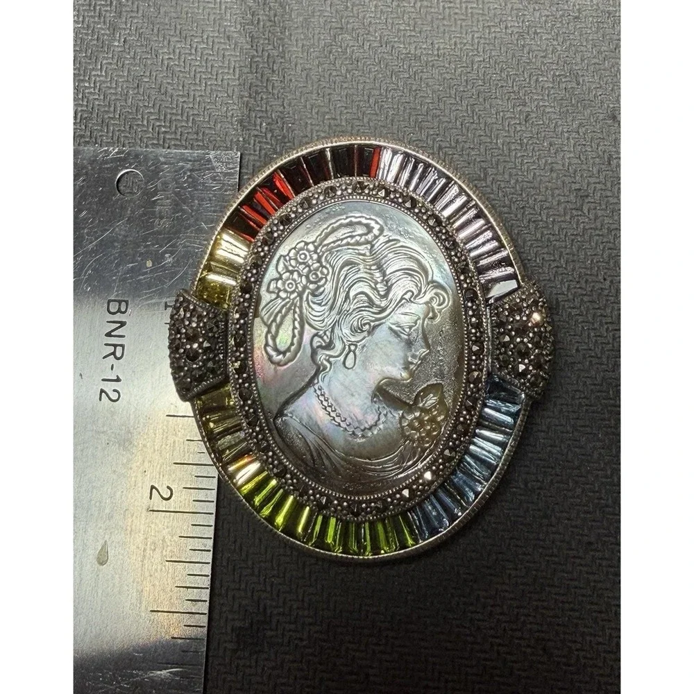 Vintage 925 Sterling Silver Cameo Brooch‎ Pendant MOP Marcasite 37g